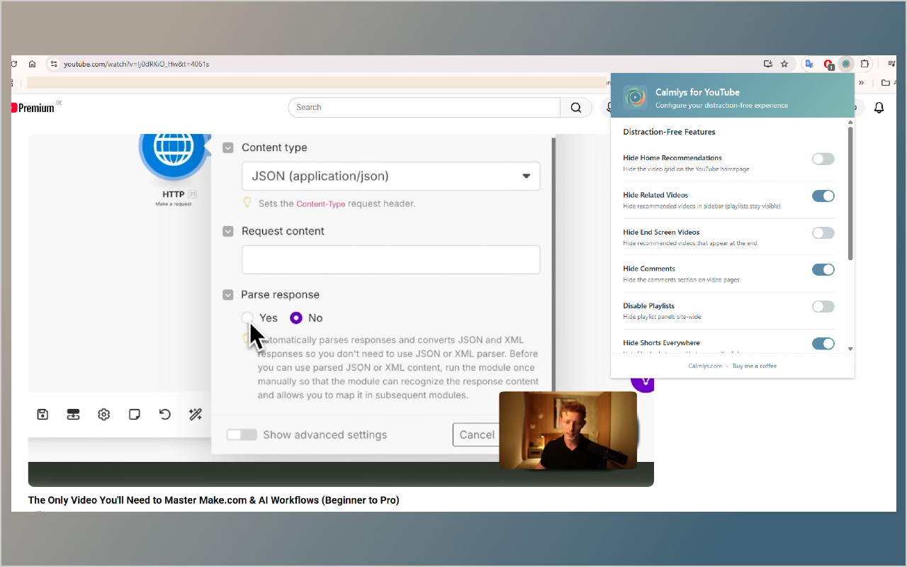 Calmlys for YouTube settings screenshot